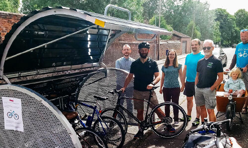 Cyclehoop Bikehangars with users in Salford, Greater Manchester.