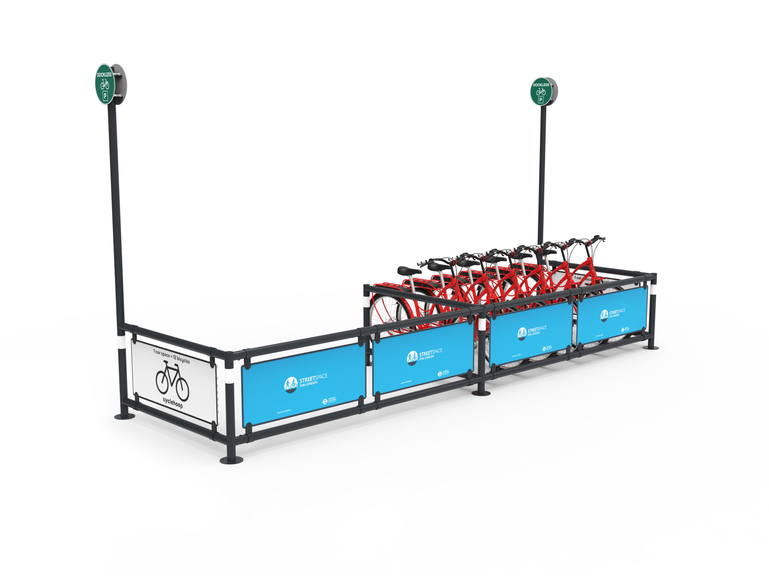Front view of a Cyclehoop Mobility Corral with custom branding