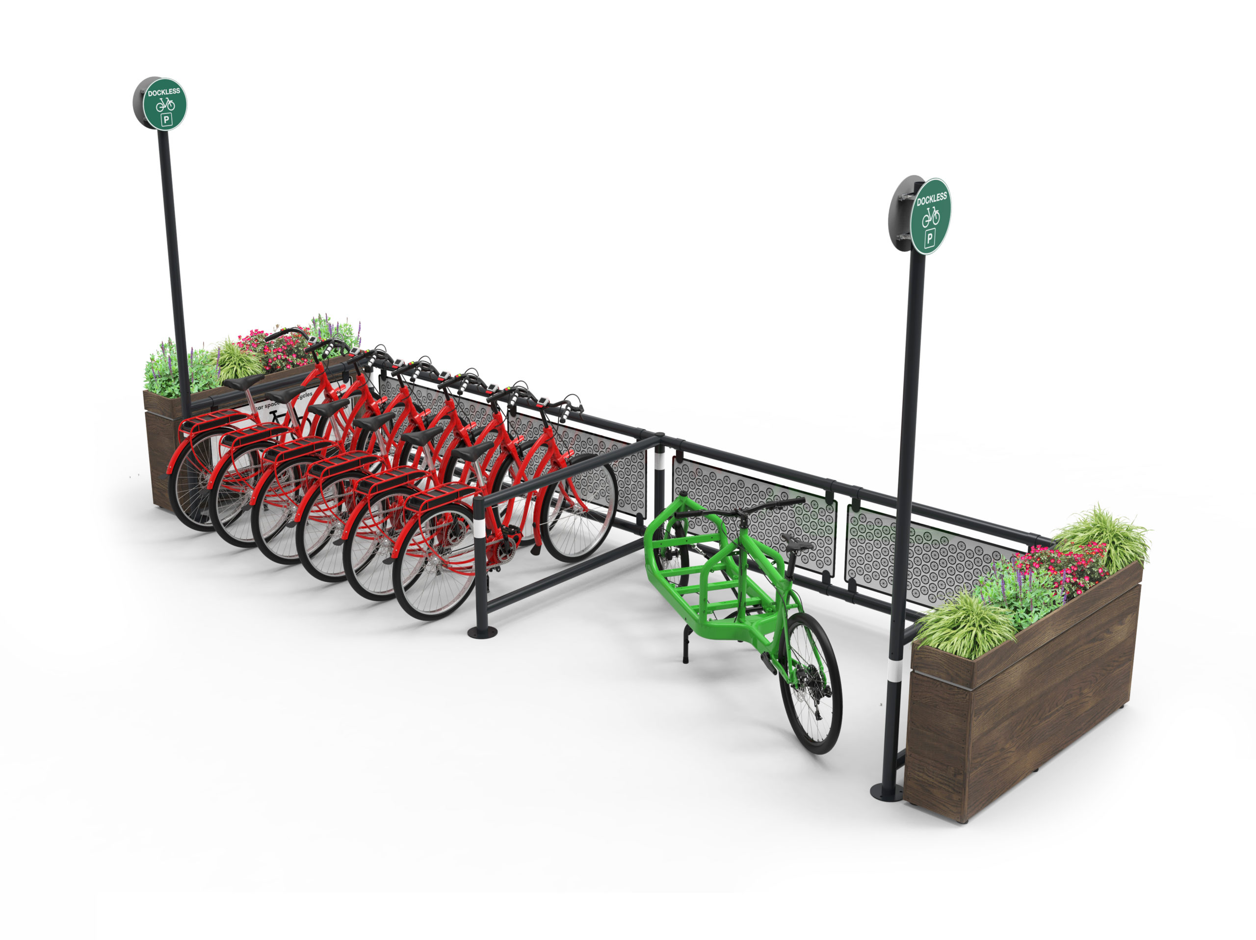 Front view of a Cyclehoop Mobility Corral with shared cargo parking