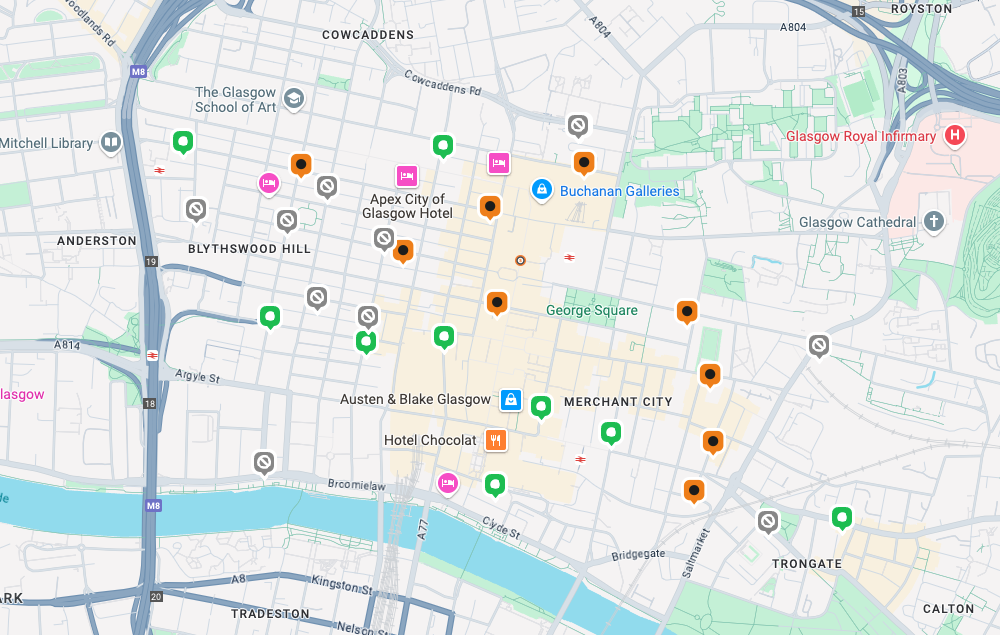 a map of Glasgow city centre with trips Bikehangars marked